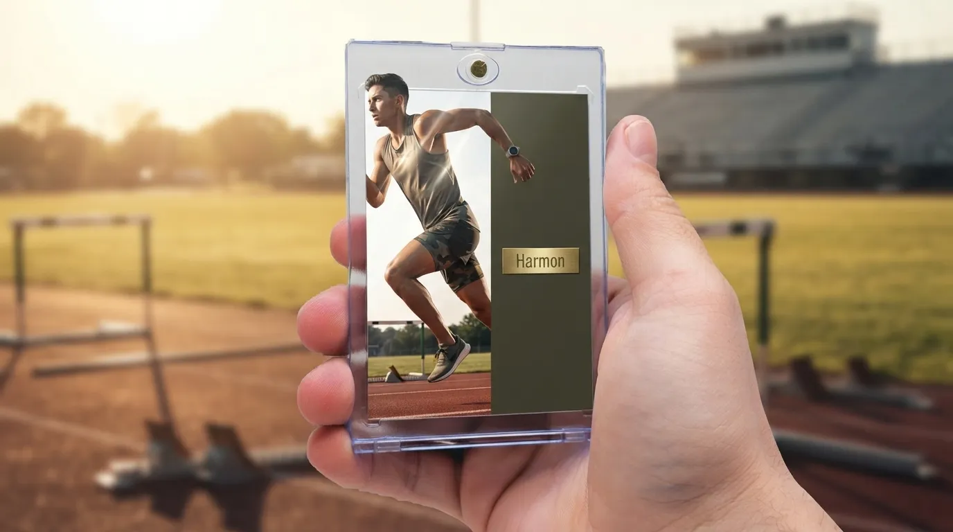 Hand holding magnetic case with military retirement gift trading card, golden-hour athletic field background.