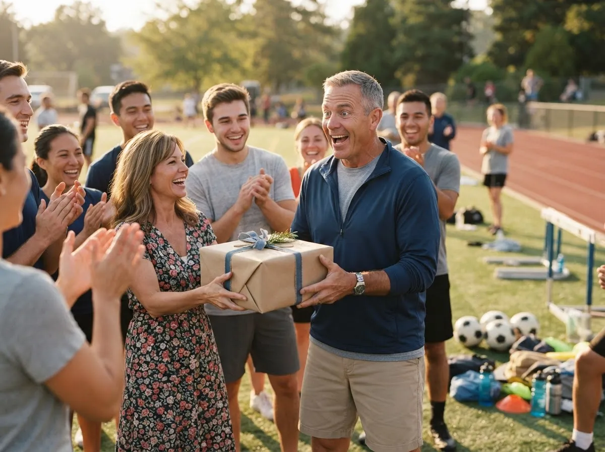 Retiring service member smiles in surprise receiving a gift on a sunny athletic field.