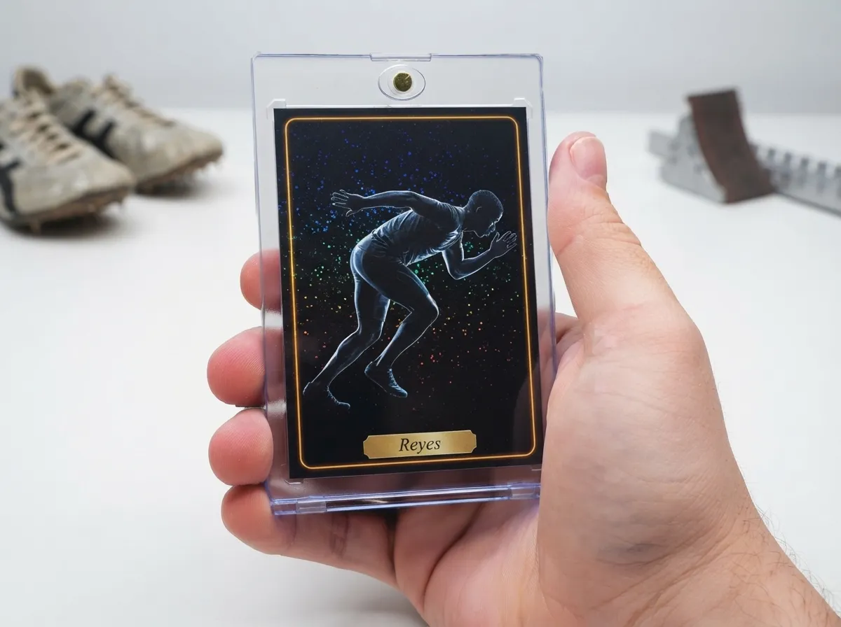 Custom sports trading card in magnetic case, rim-lit athlete design, on white tabletop.