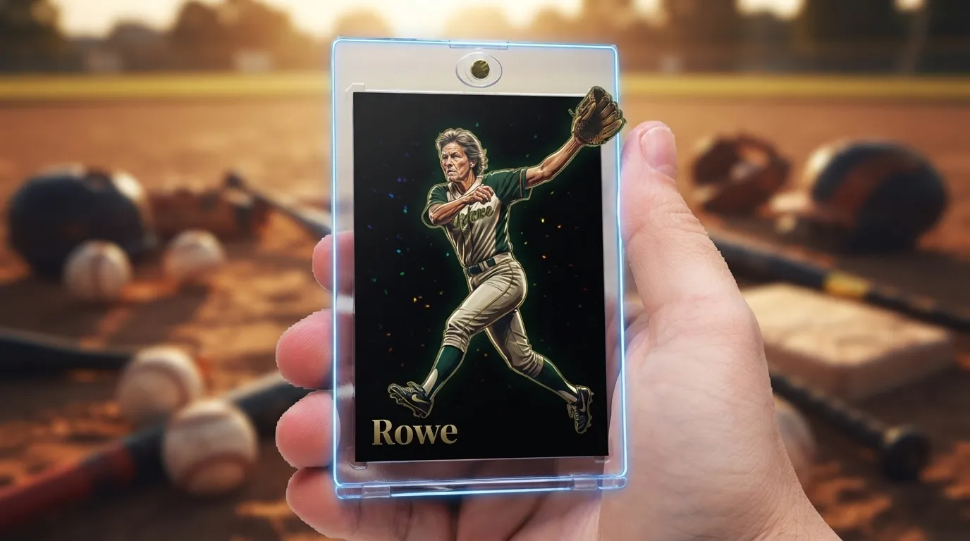 Hand holding magnetic case with military retirement gifts trading card, athlete lit in golden-hour rim light.
