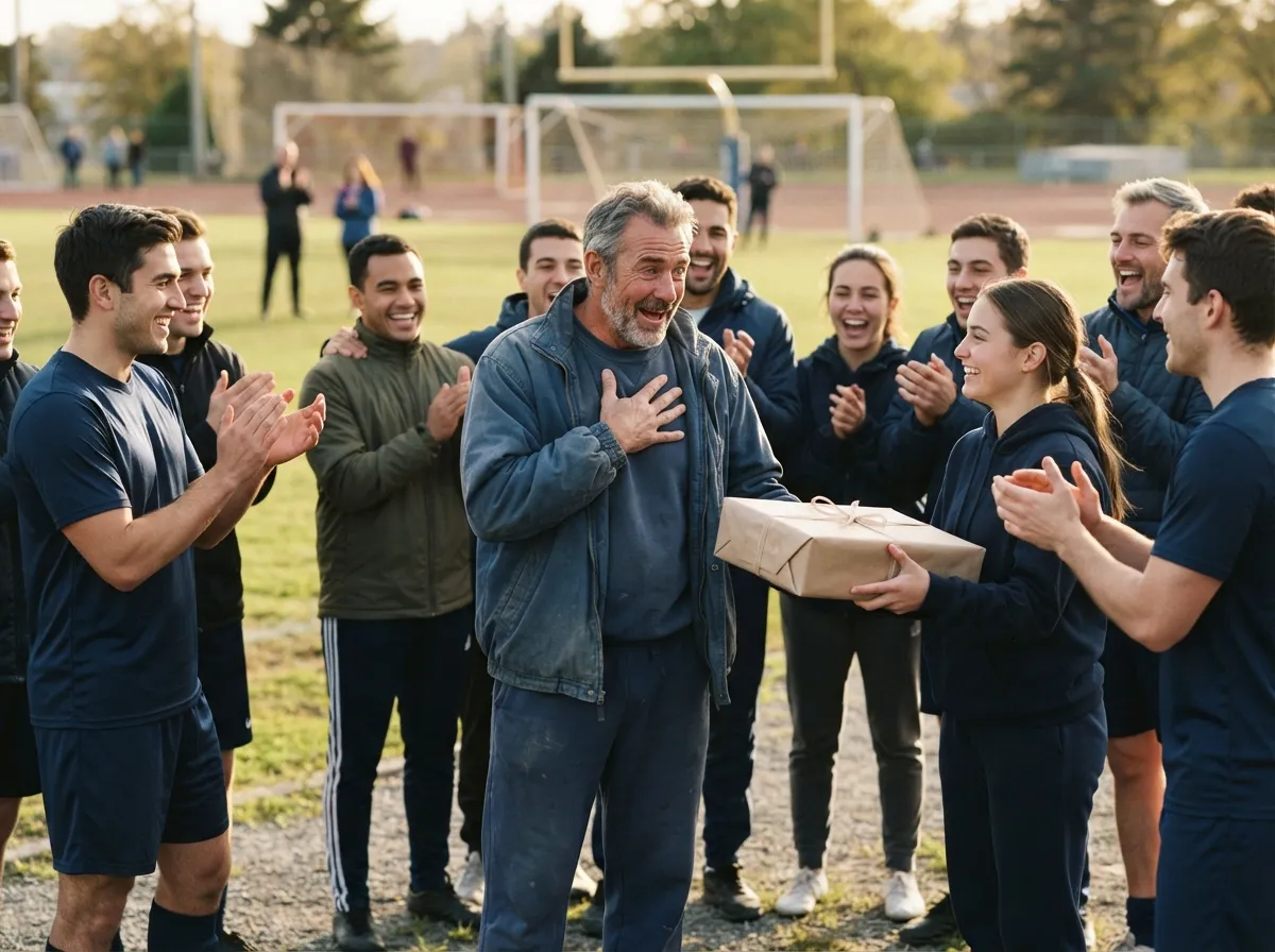 Retiring athlete surrounded by teammates reacts with joyful surprise during outdoor gift-giving moment.