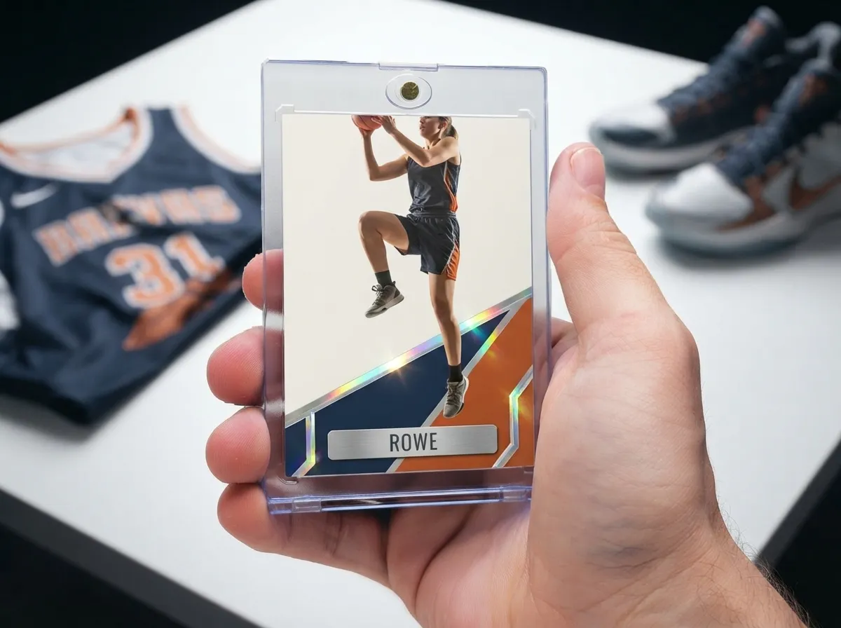 Custom sports trading card in magnetic case, diagonal chrome frame, held in hand on white tabletop.