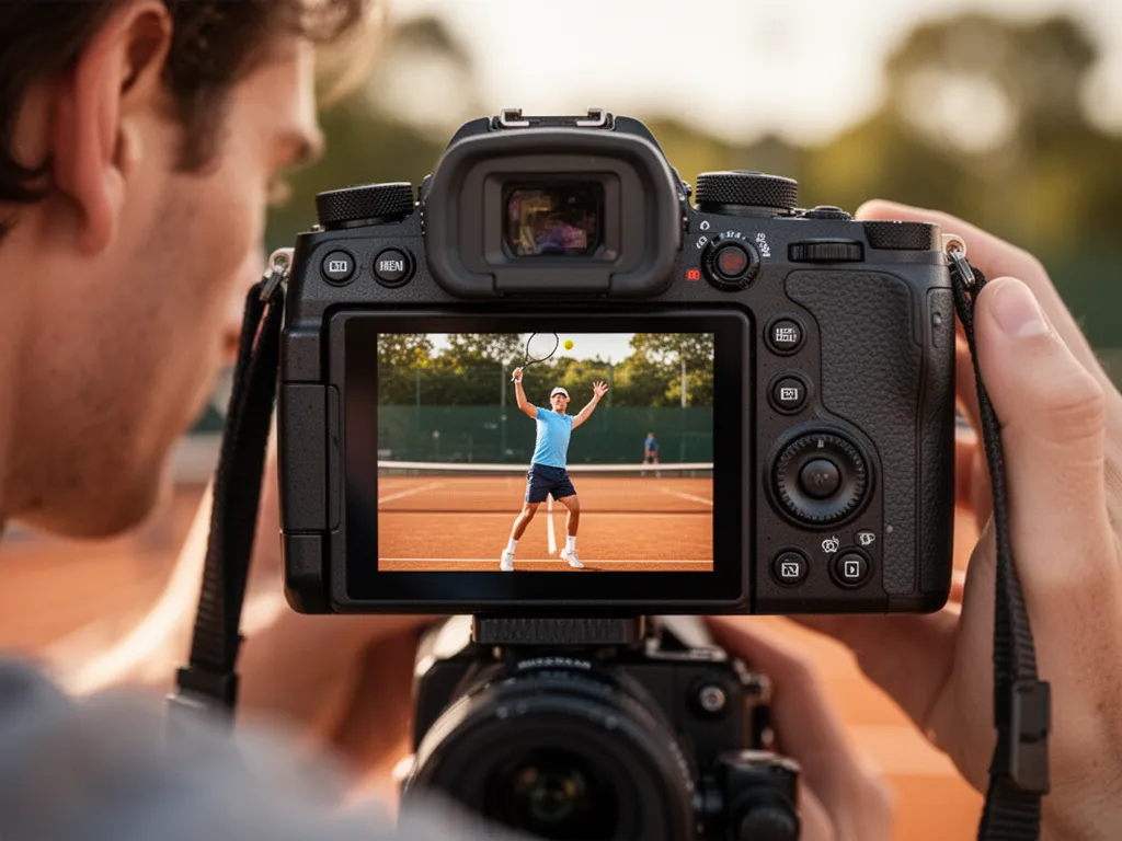 Photographer's hands holding mirrorless camera with tennis player visible in viewfinder display