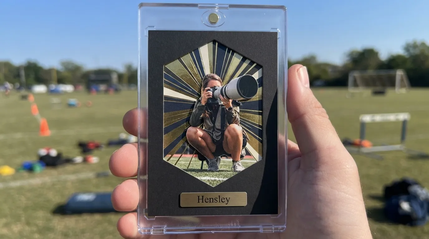 Hand holds magnetic case with gold-foil mirrorless sports photography card, photographer framed in die-cut window.