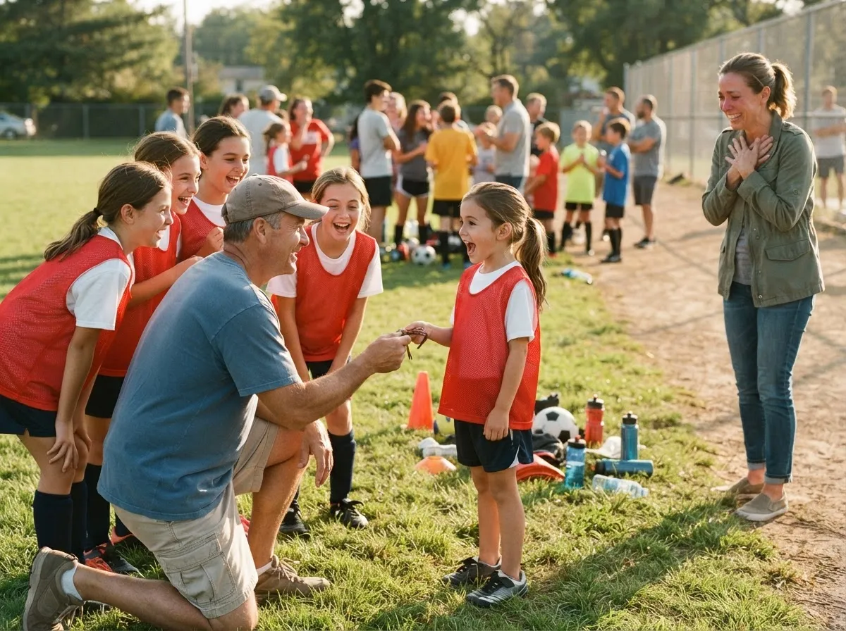 Coach and young athlete share a proud emotional moment on a sunlit sports field.