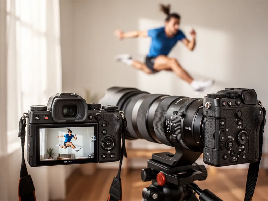 Professional mirrorless camera with telephoto lens focused on athlete captured mid-air jump in natural light