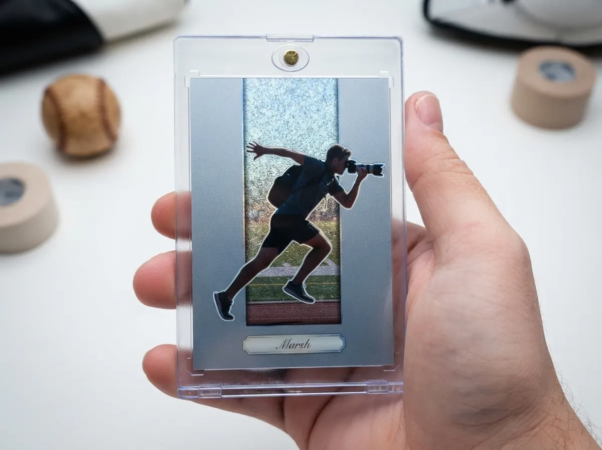 Hand holds magnetic case with icy blue refractor mirrorless sports photography card, photographer mid-sprint.