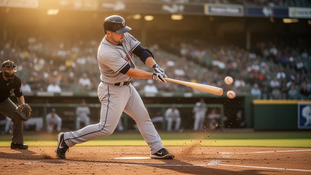 Baseball player swinging bat during daytime game with dynamic motion and natural lighting