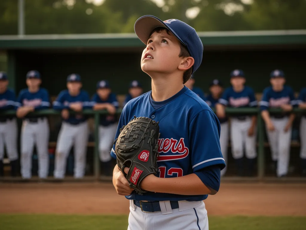 Young baseball player in uniform focused intently with glove ready during game