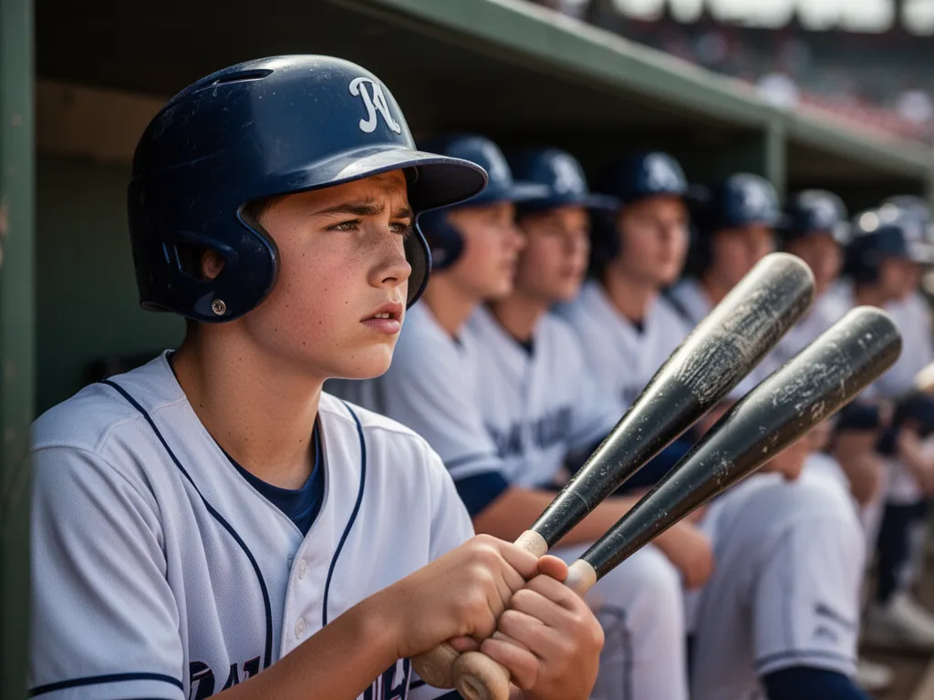 Young baseball player's concentrated face in dugout with teammates supporting in background