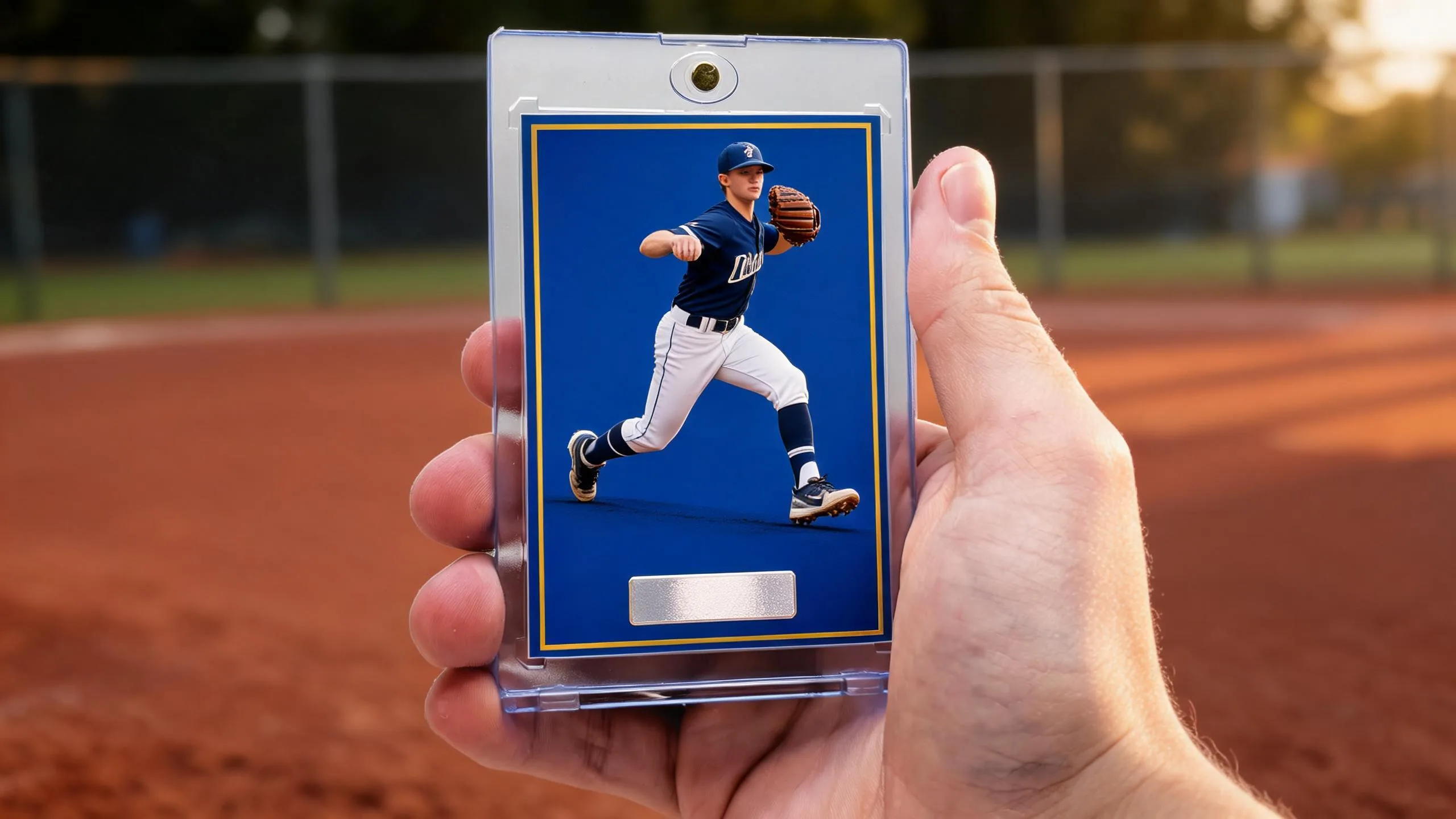 Hand holding mlb card maker custom pitcher card in magnetic acrylic case at golden hour