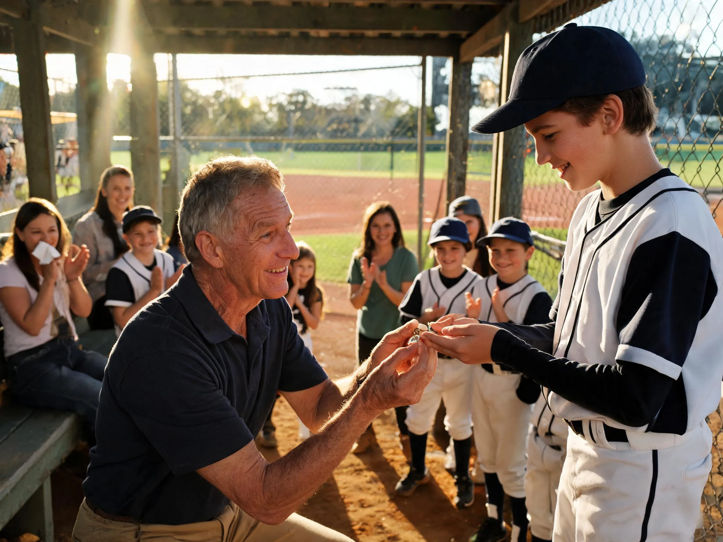 Coach and young baseball player share proud emotional moment in sunlit dugout