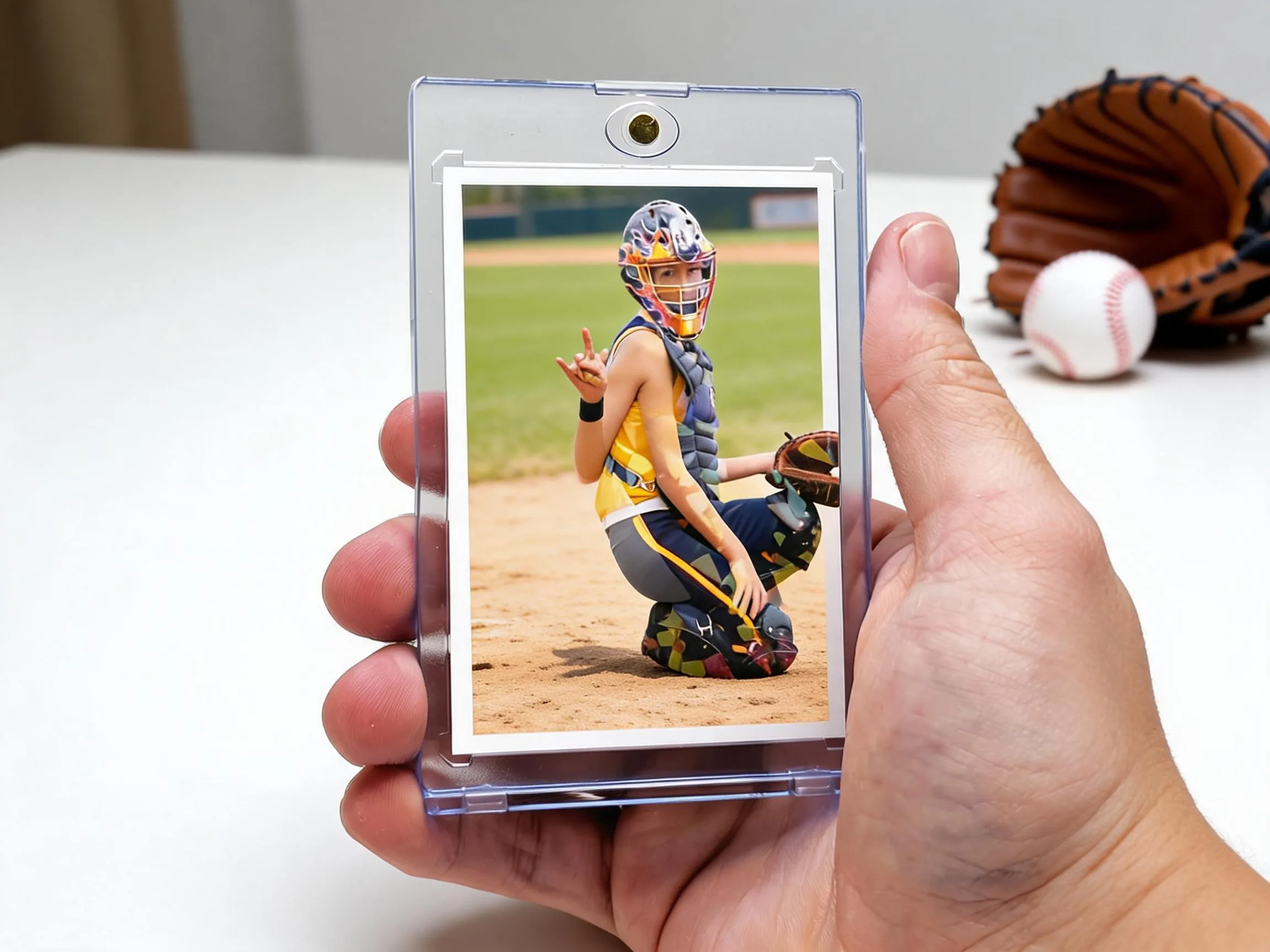 Custom baseball trading card of catcher in magnetic case on white tabletop display
