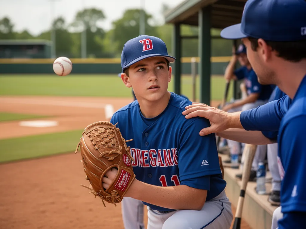 Young baseball player concentrating with teammate's supportive hand on shoulder in dugout