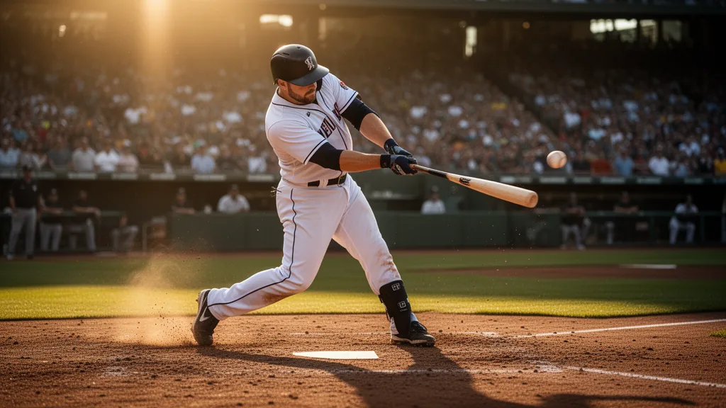 Baseball player swinging bat during game with stadium crowd in background