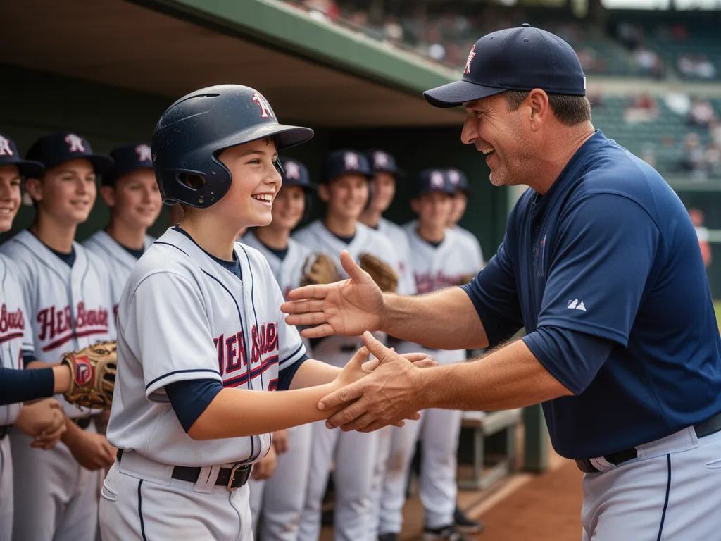 Coach congratulating young baseball player in uniform after successful hit