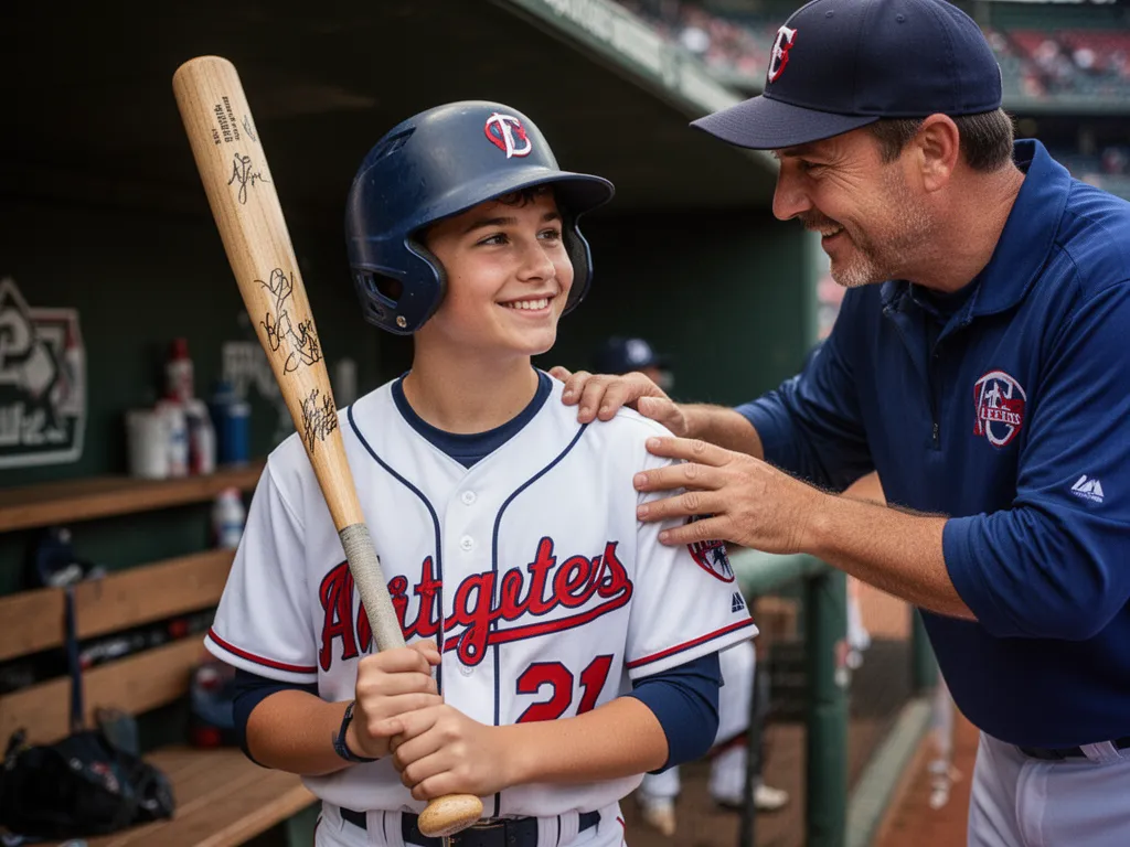 [Young baseball player smiling with coach offering guidance and encouragement in dugout]