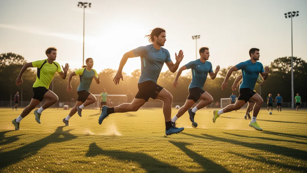 Multiple athletes in motion wearing performance gear during outdoor sports activity with natural lighting