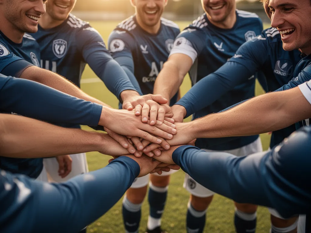 Team members joining hands together in huddle showing unity and camaraderie during sports moment