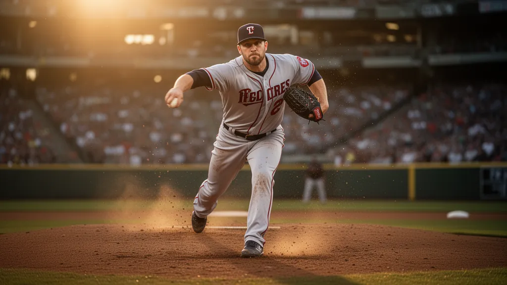 Baseball pitcher in mid-throw during game with intense athletic focus and motion