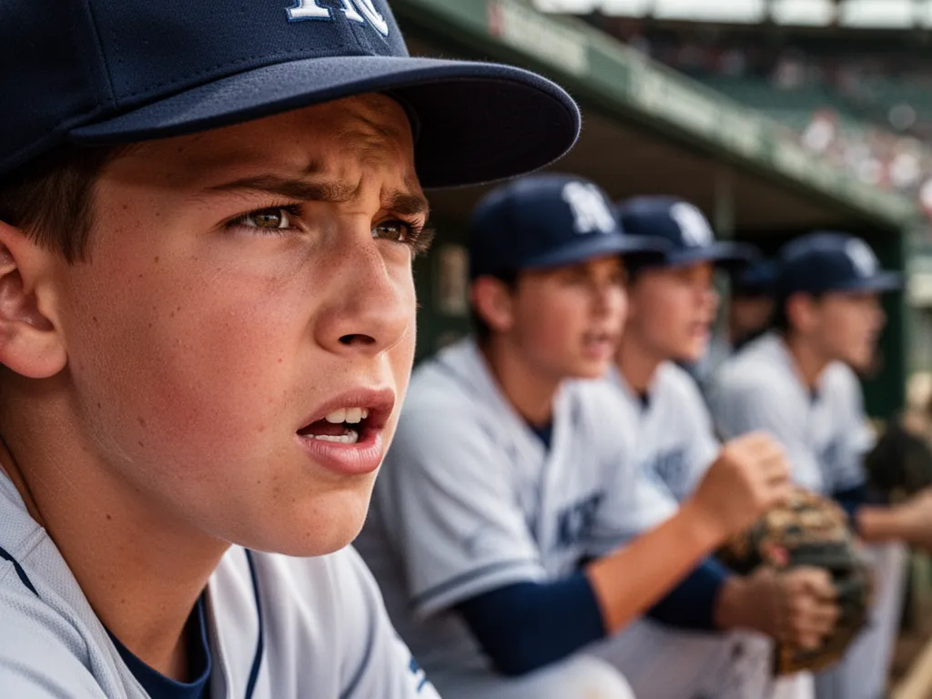 Young baseball player in dugout with focused expression showing competitive determination