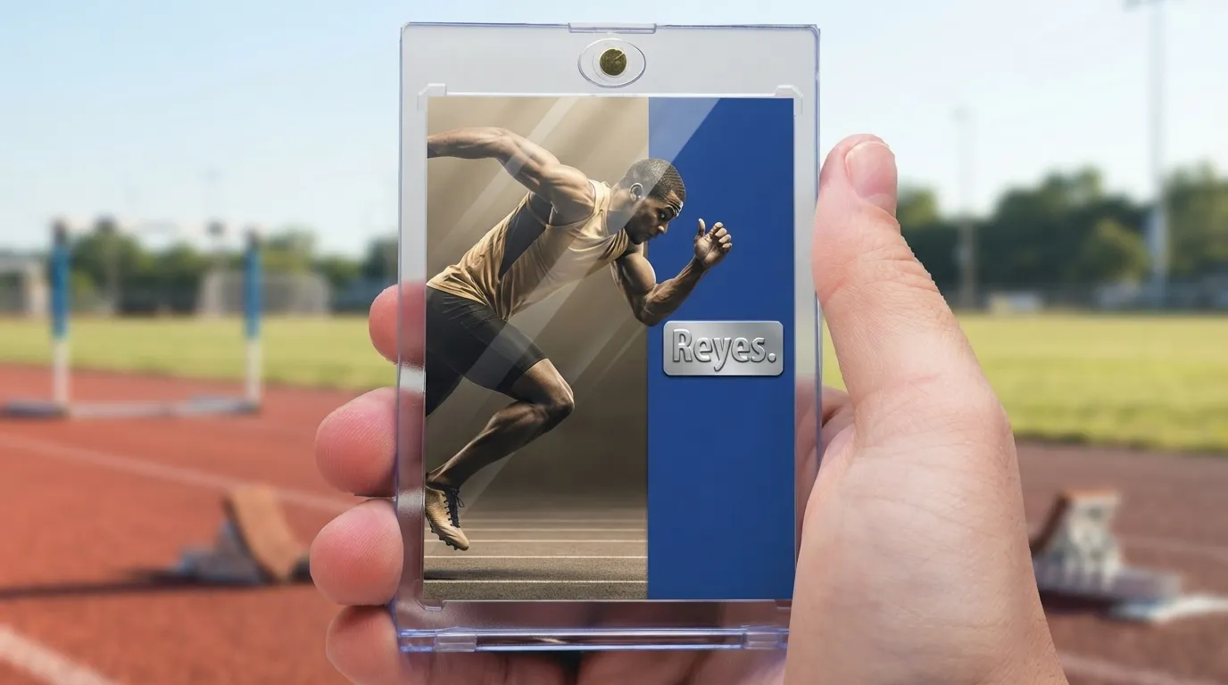 Hand holding magnetic case with monopod for sports photography trading card, sprinter action design.