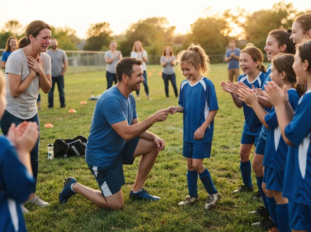 Coach and cheering teammates celebrate with young athlete on sunny sports field.