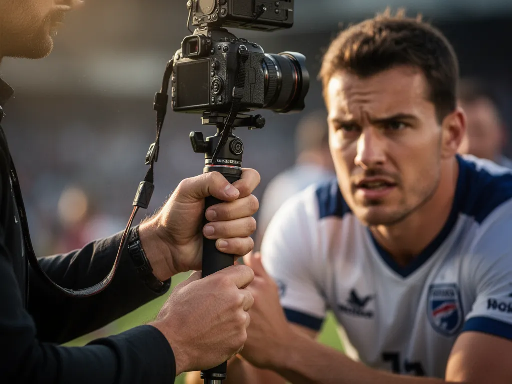 Photographer's hands steadying monopod with mounted camera during intense sports moment
