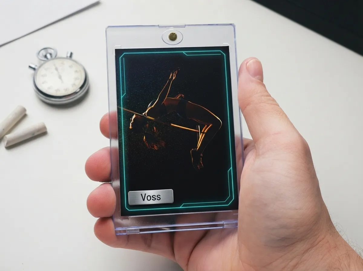 Custom sports trading card in magnetic case showing rim-lit high jumper design.