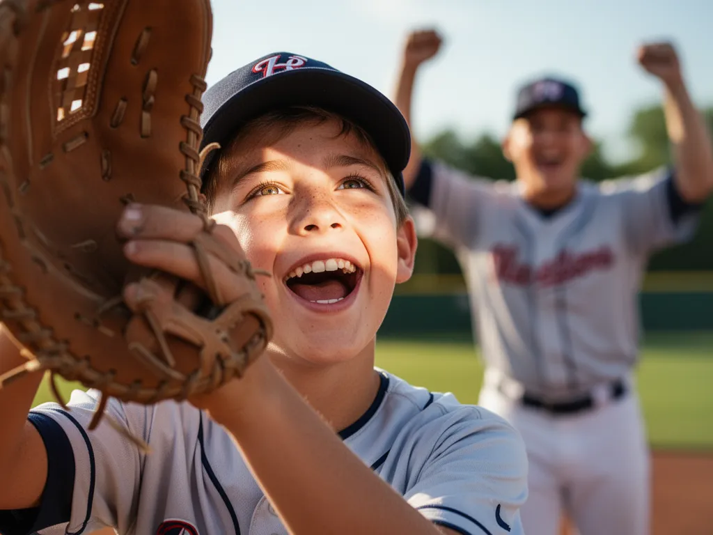 Young player's determined expression while preparing to catch with teammate celebrating nearby