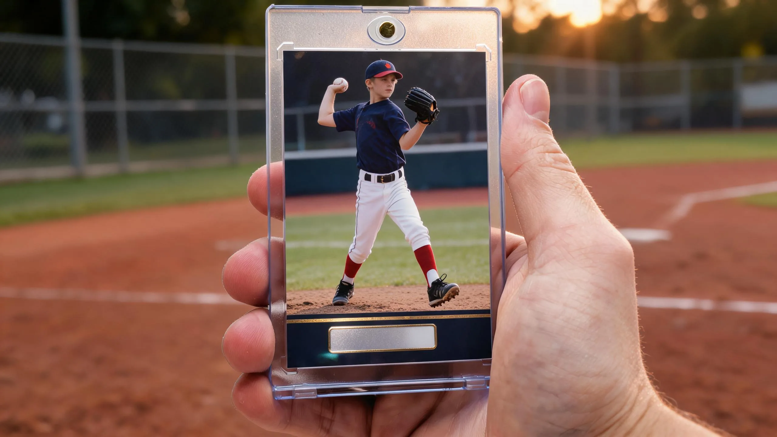 Hand holding magnetic case with card, illustrating most valuable baseball card brand craftsmanship.