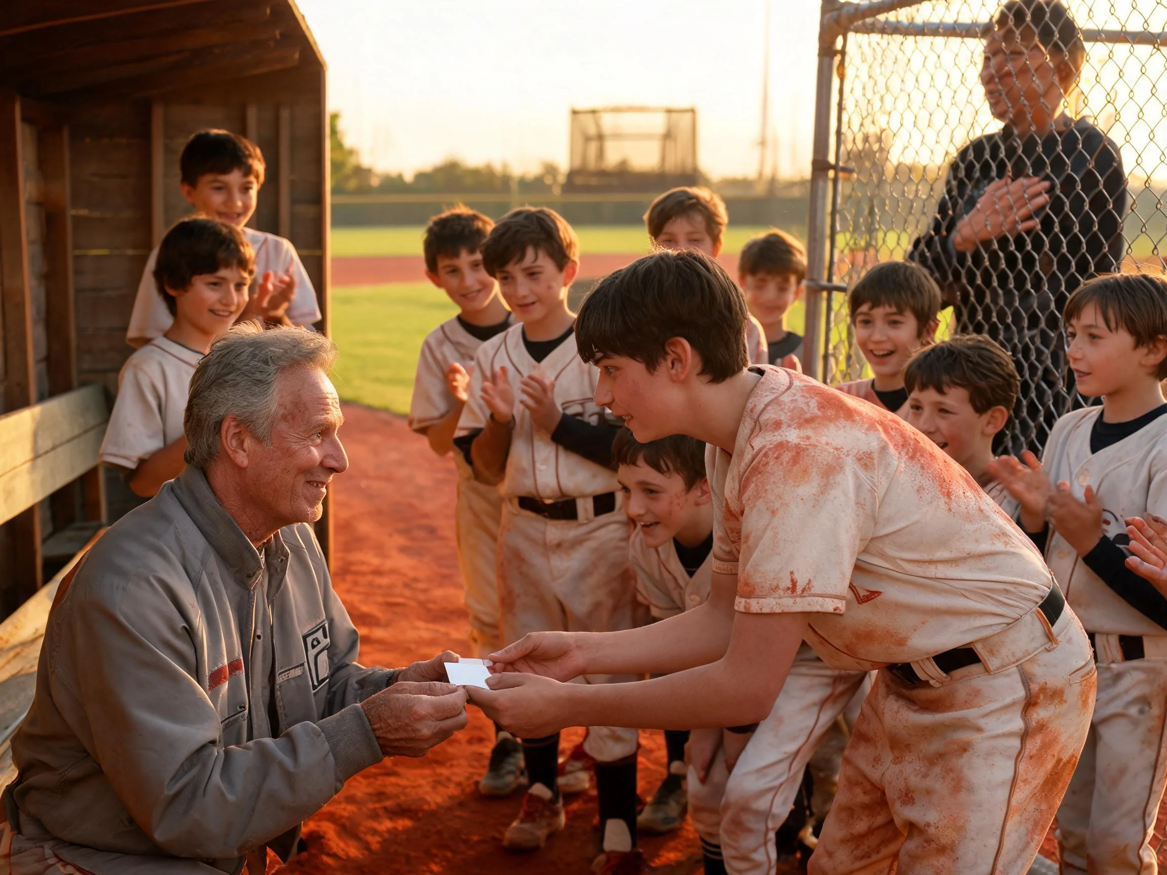 Coach shares a heartfelt moment with a young baseball player near the dugout.