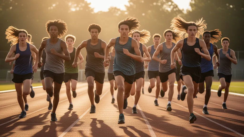 Young athletes running together on outdoor track in golden sunlight with determined expressions