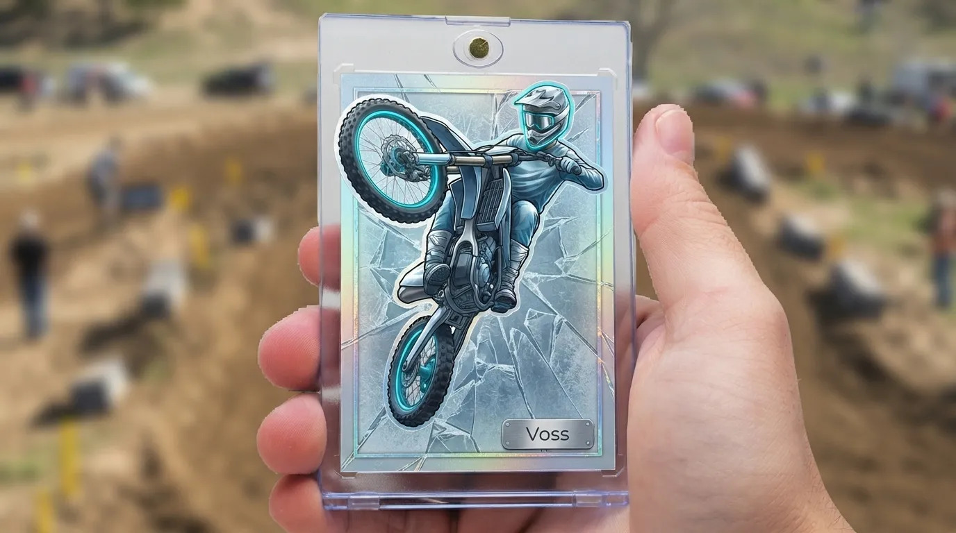 Hand holding magnetic case with icy silver-blue motocross trading cards showing rider mid-jump.
