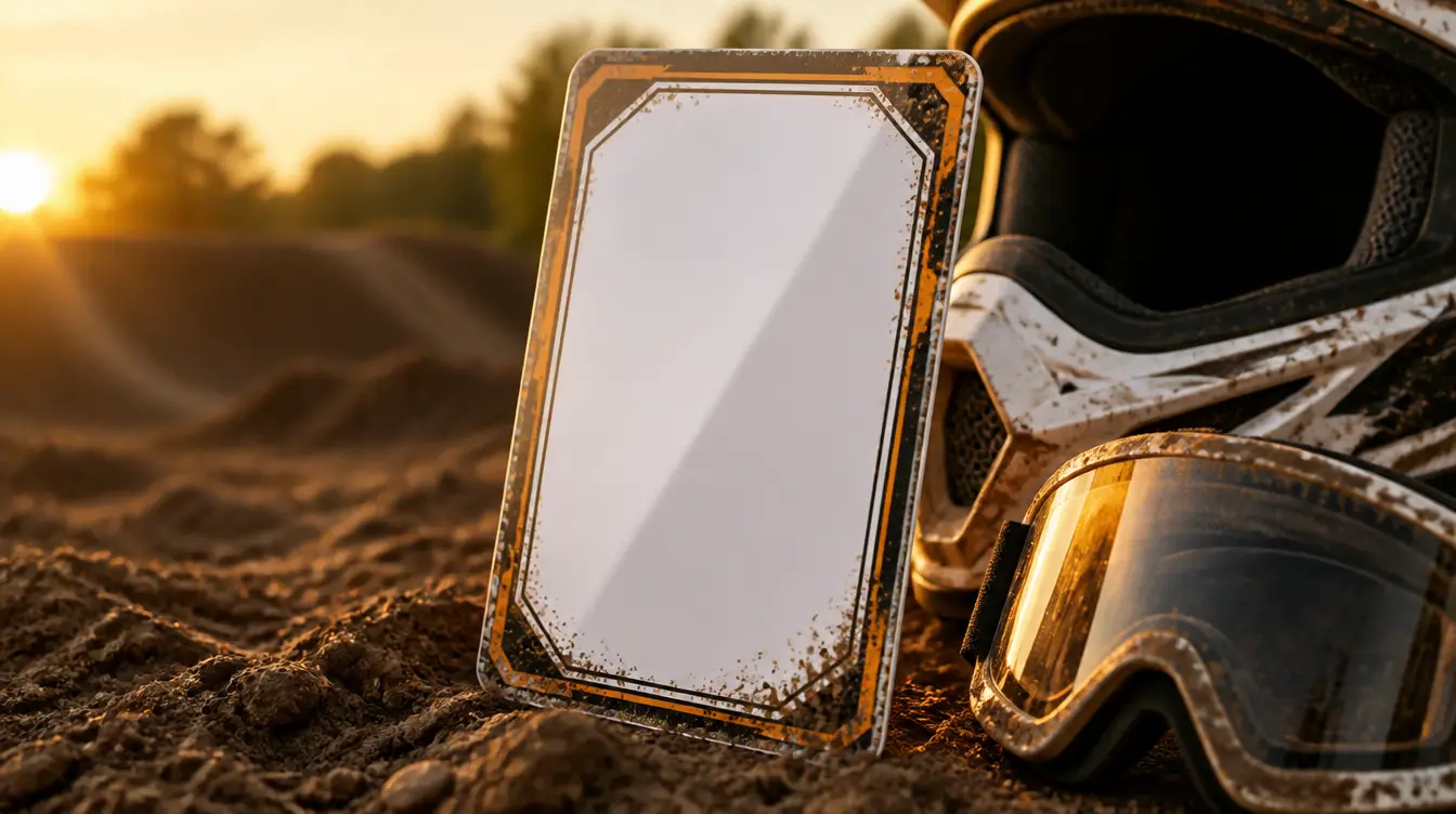 A blank trading card with a dirt-splatter border on a track beside a motocross helmet and goggles