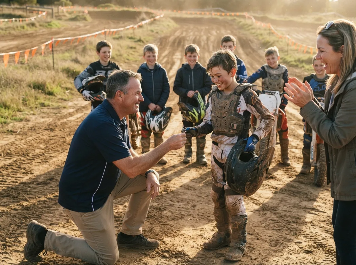 Coach and proud parent celebrate with young motocross rider trackside after a race.