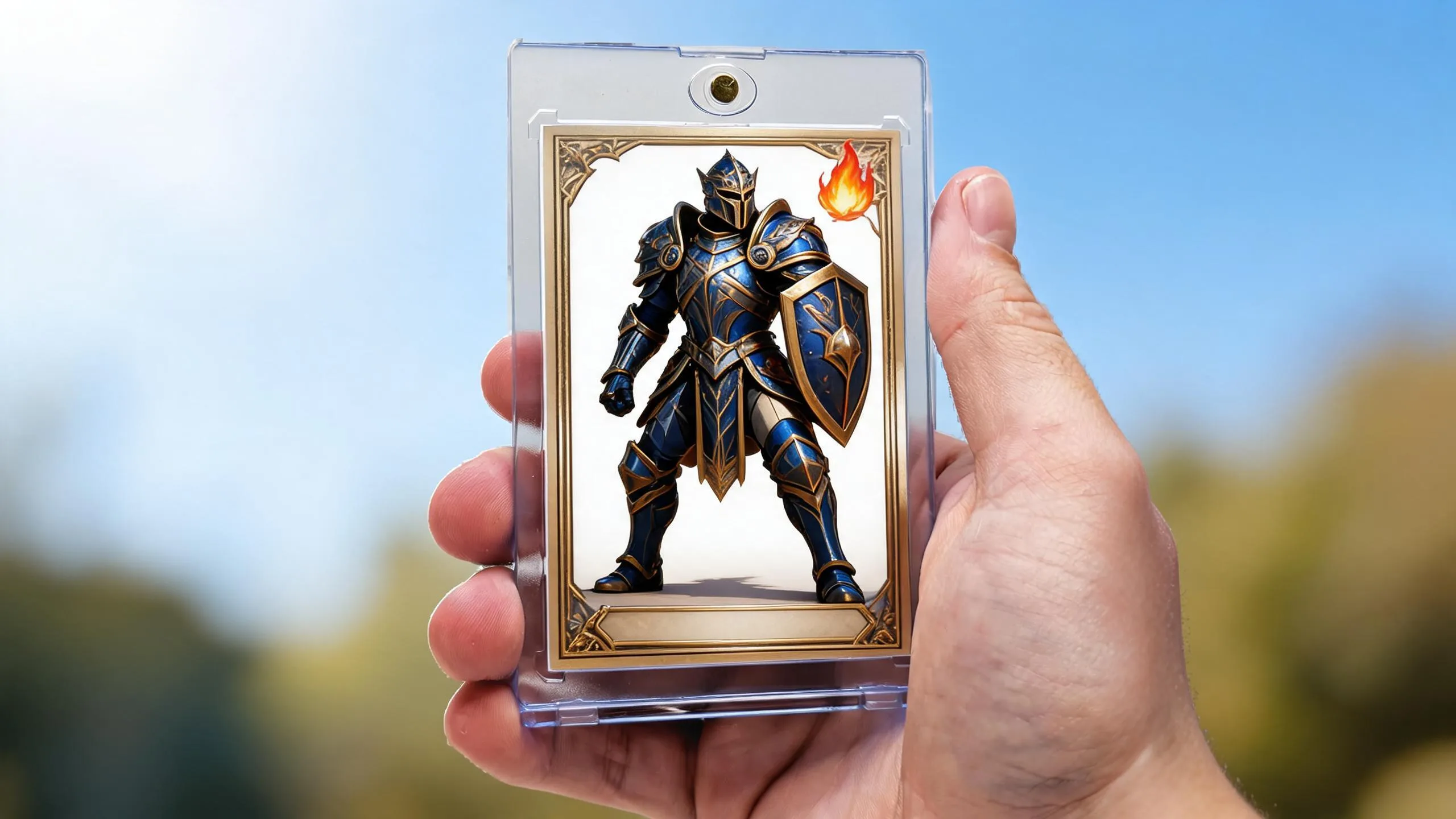 Hand holds magnetic case with painted warrior card, mtg card builder design under blue sky.