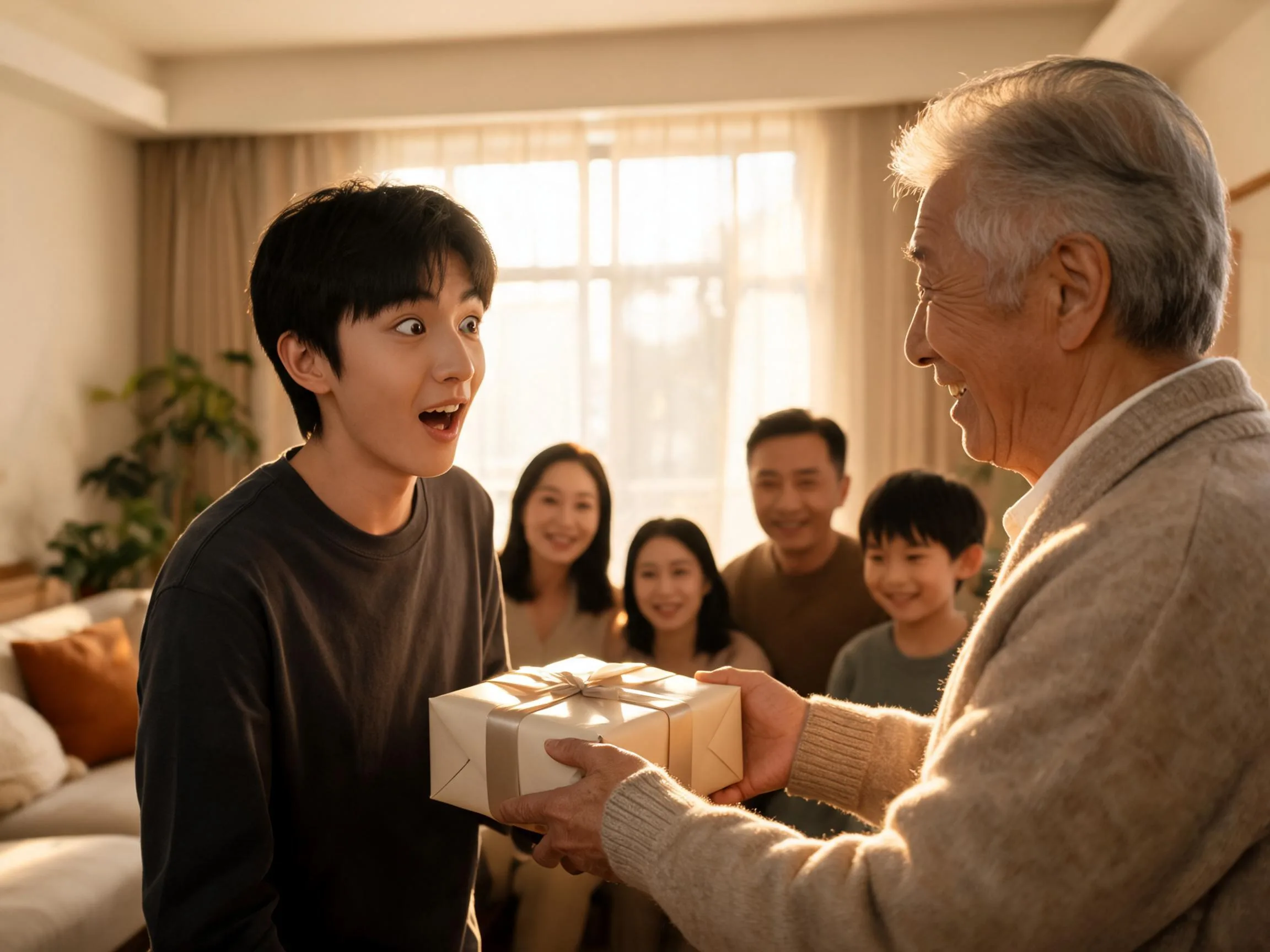 Teenager reacts with genuine surprise receiving an unexpected gift in warm natural light.