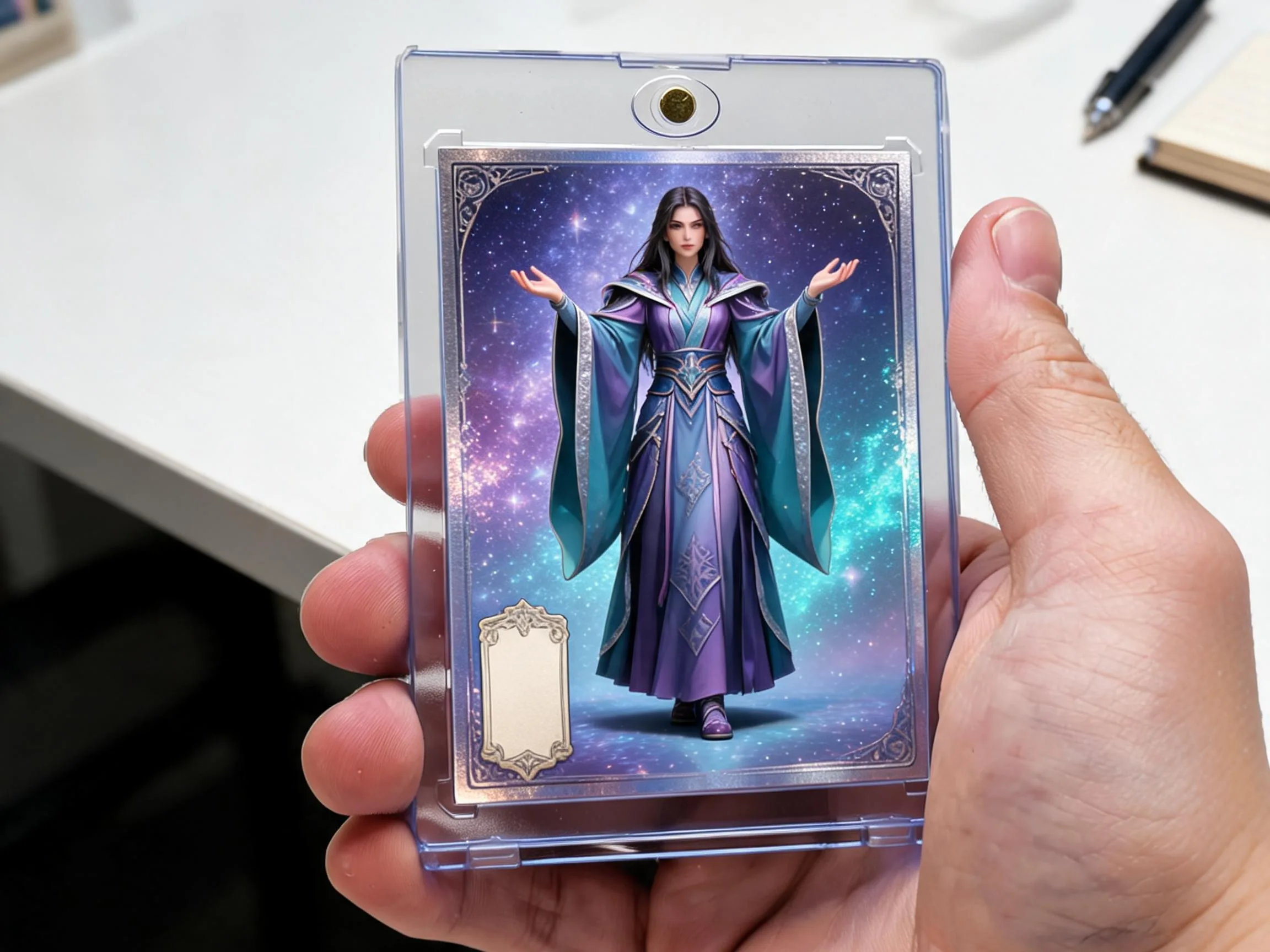 Custom keepsake trading card in magnetic case showing holographic sorceress illustration.