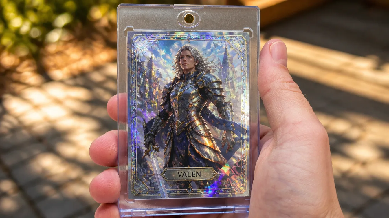 Custom fantasy card from an MTG card creator, displayed in a clear magnetic case