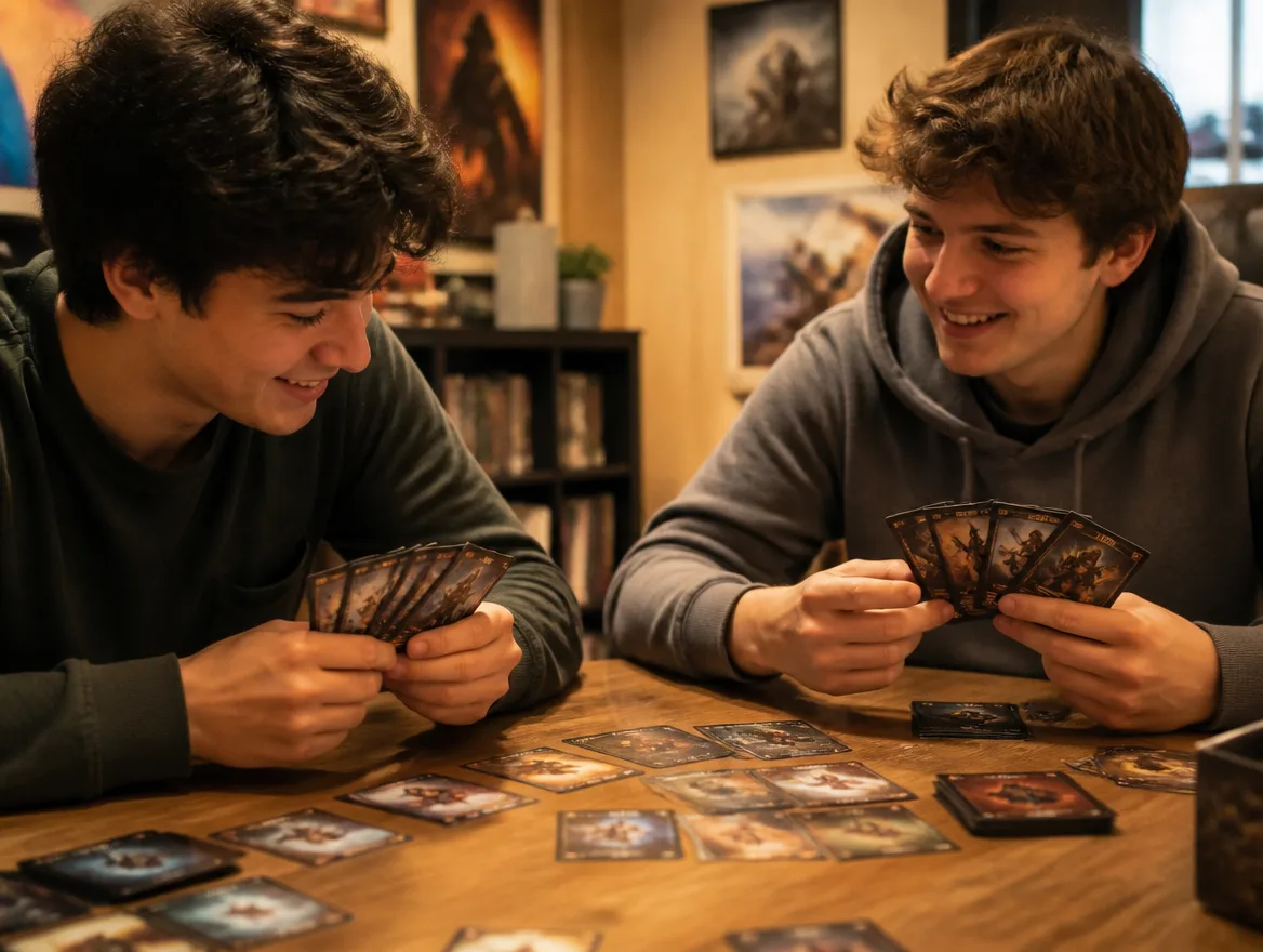 Friends enjoying a fantasy trading card game at a table