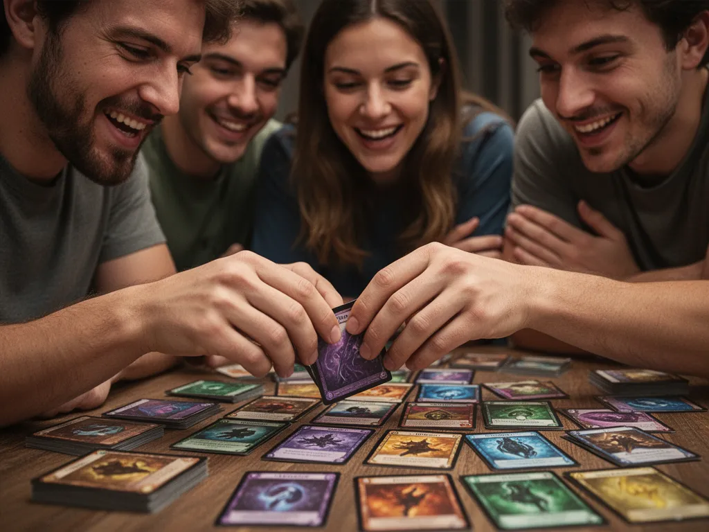 Player's hands arranging vibrant Magic cards during deck construction with teammates watching encouragingly nearby