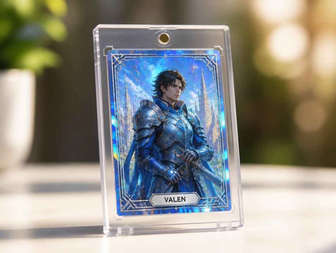 Custom fantasy trading card standing in a premium clear magnetic display case