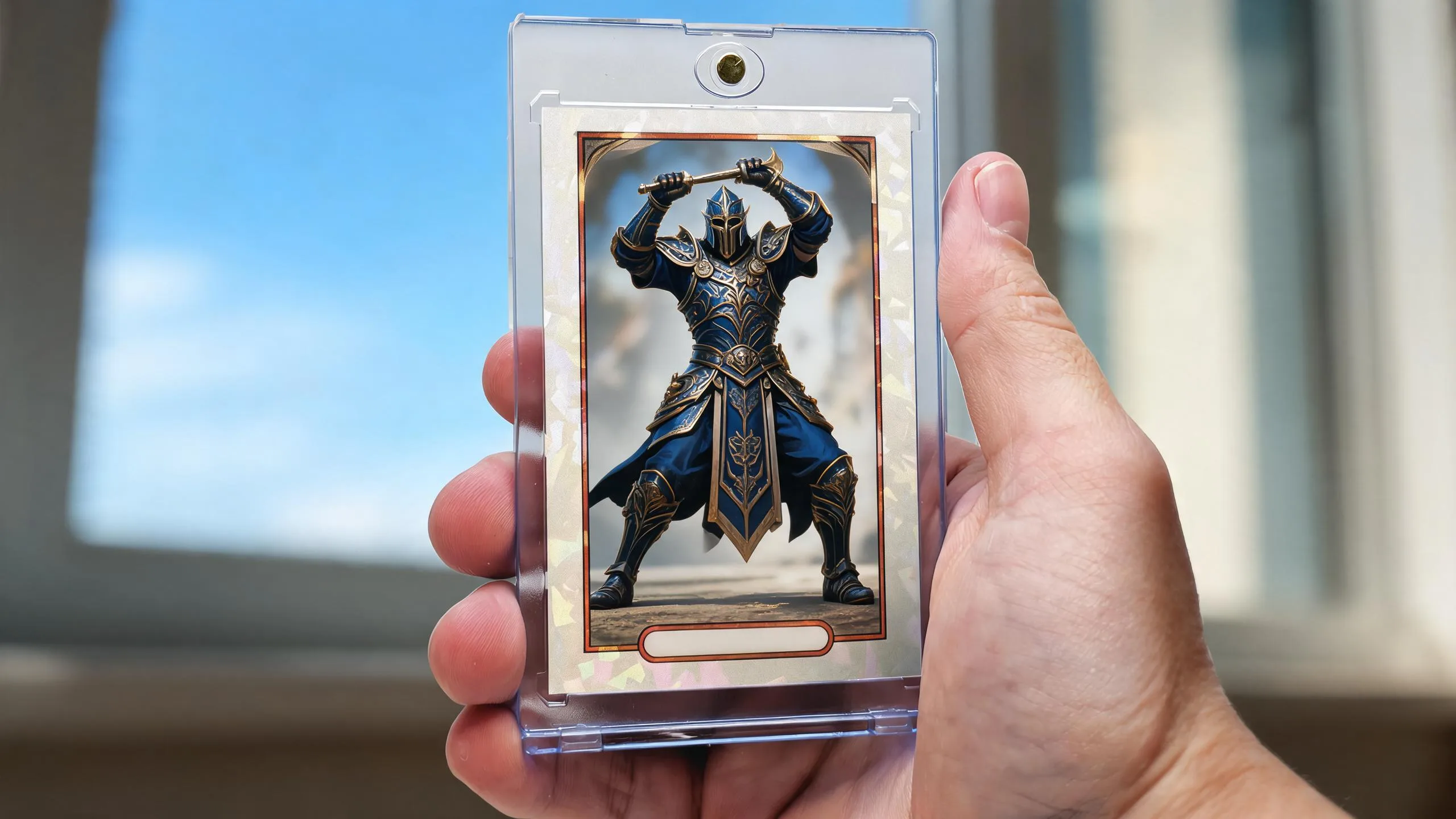 Hand holding magnetic case with fantasy mtg card design, blue and gold warrior artwork, sunny background.