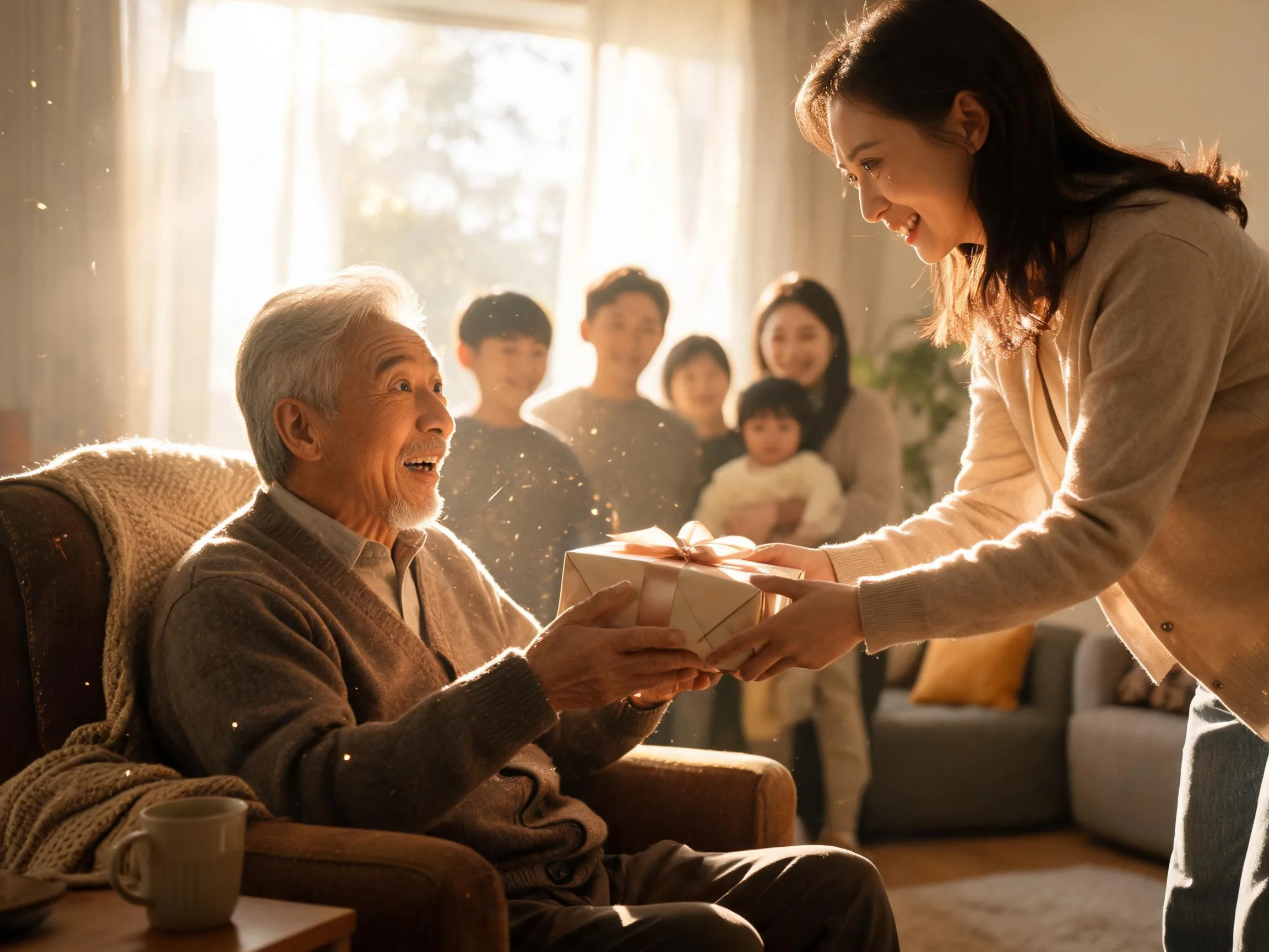 Man reacting with surprised joy while receiving an unexpected gift in warm sunlight.