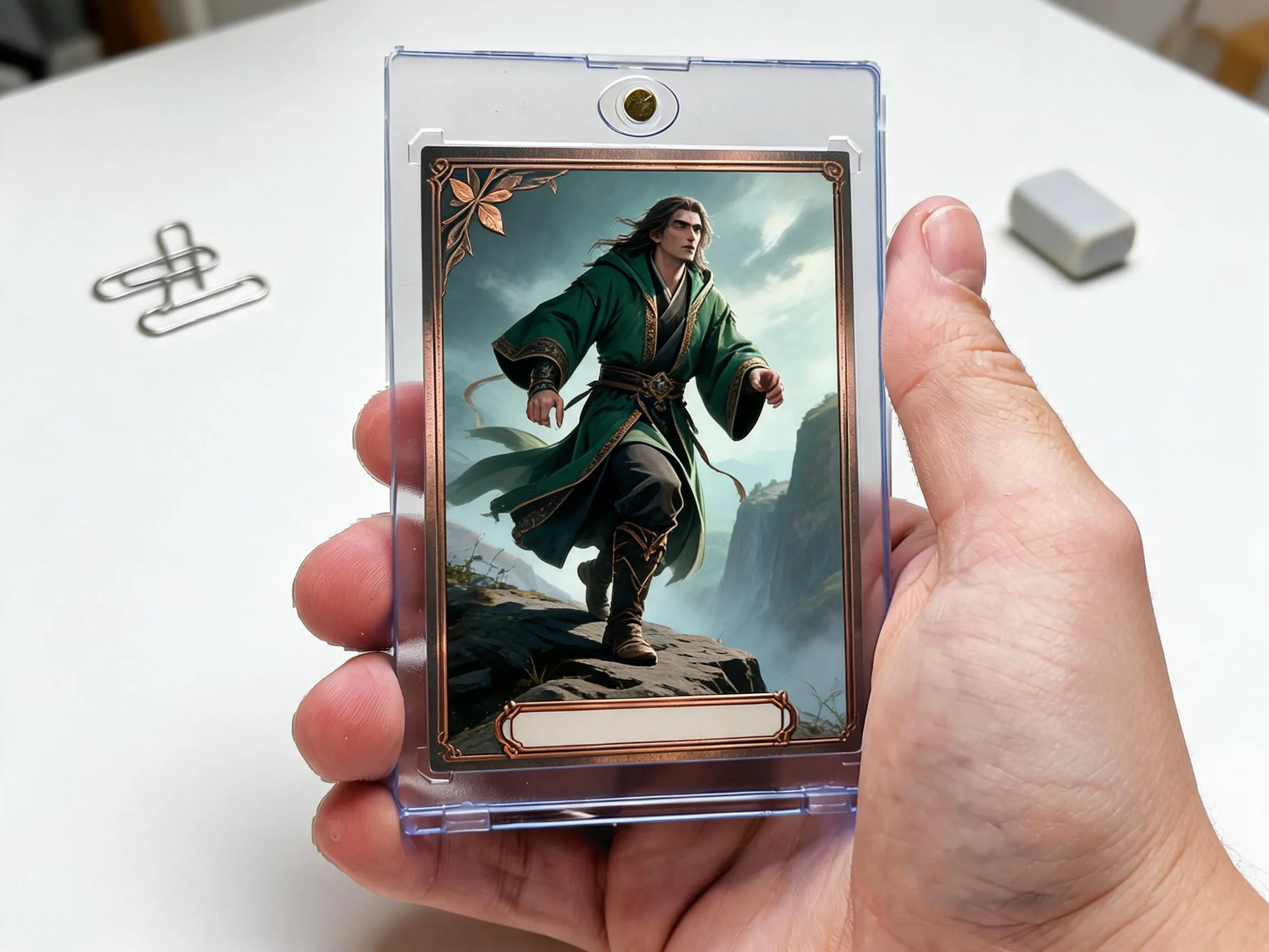 Custom keepsake trading card in magnetic case, full-art green and copper illustration design.