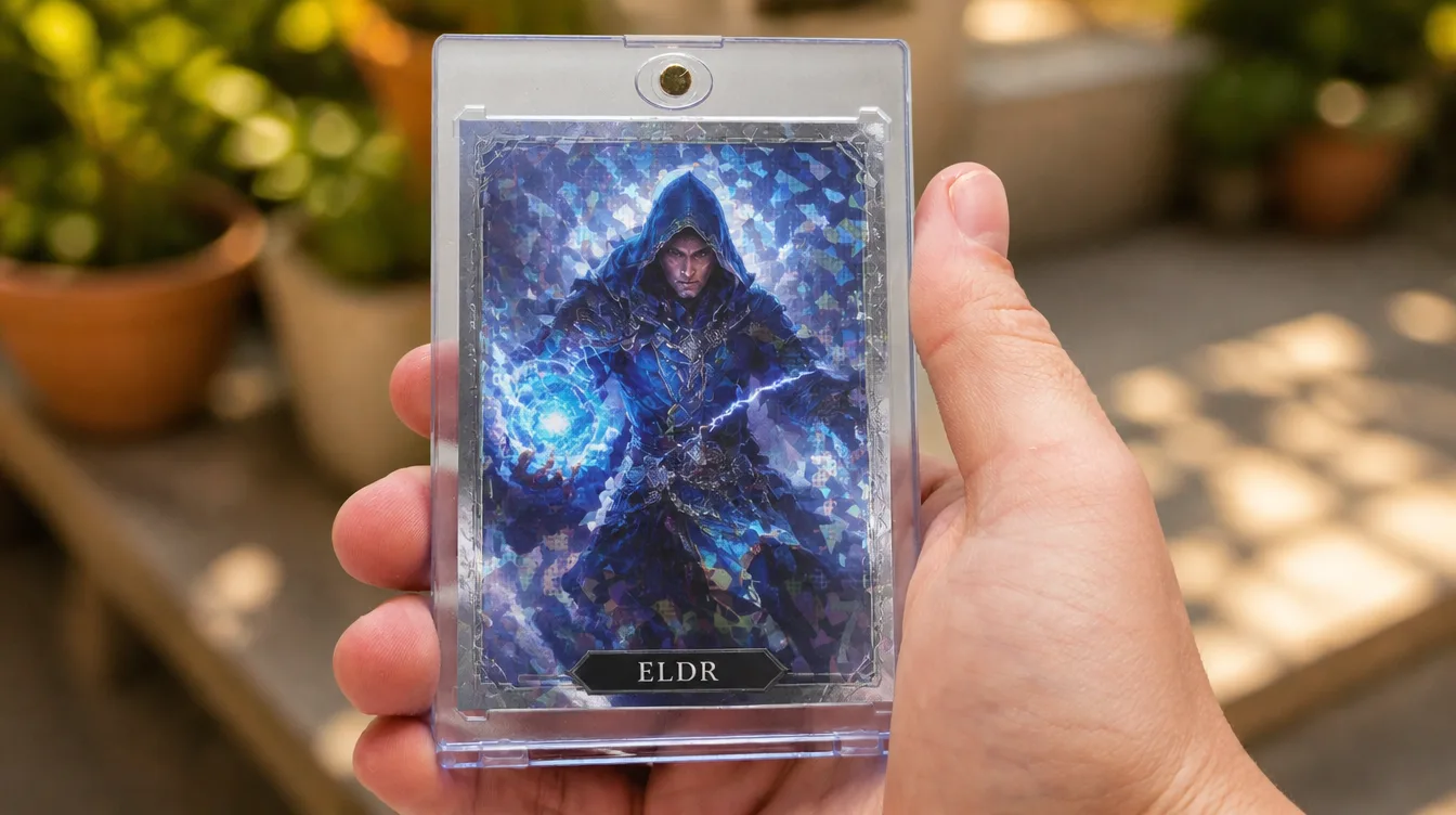 Custom fantasy card from an MTG card designer, held in a clear magnetic case