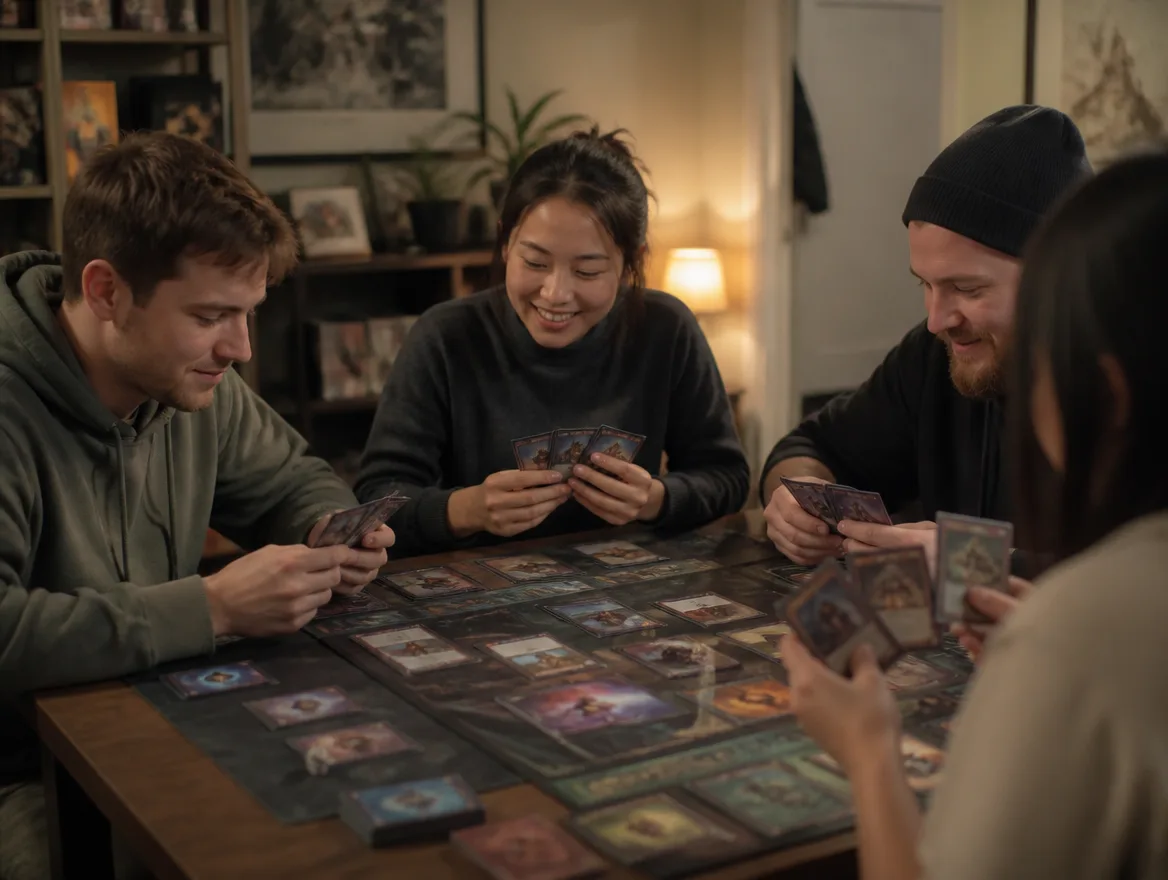 Friends playing a fantasy trading card game at a table