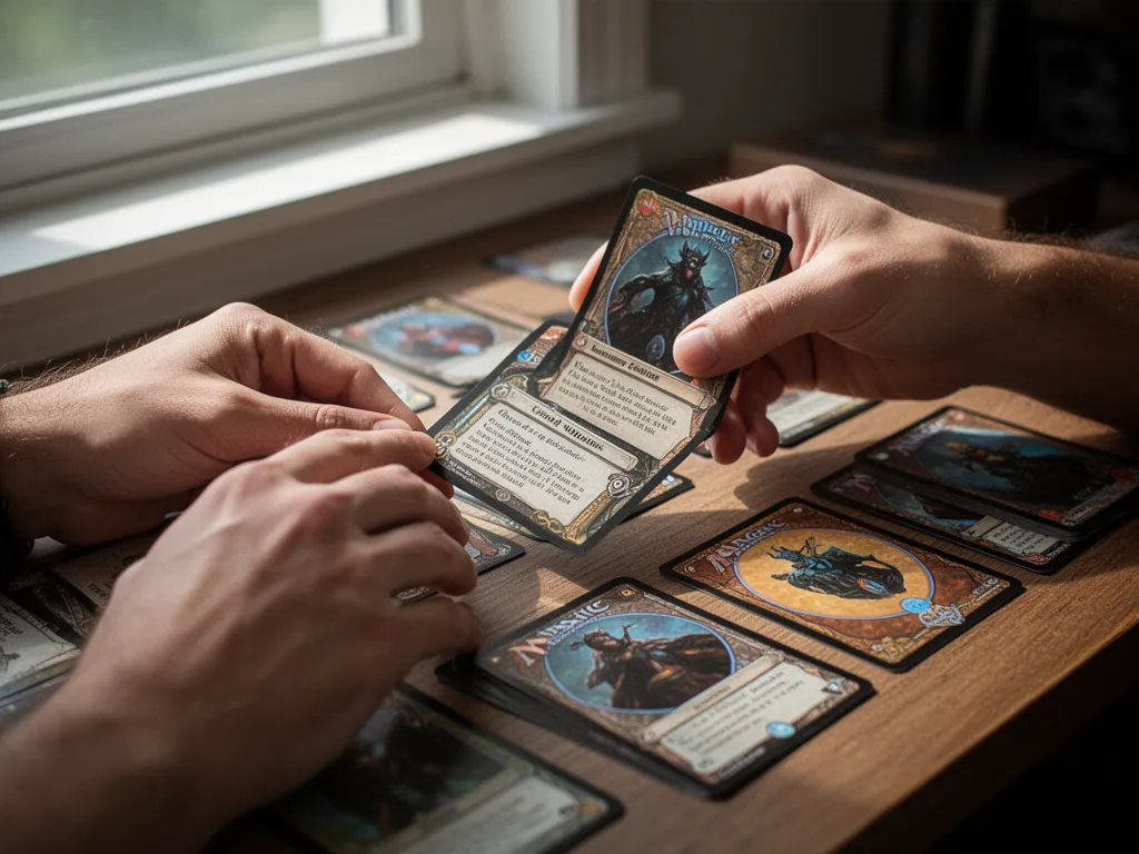 Card designer's hands examining custom Magic cards with careful attention and artistic passion
