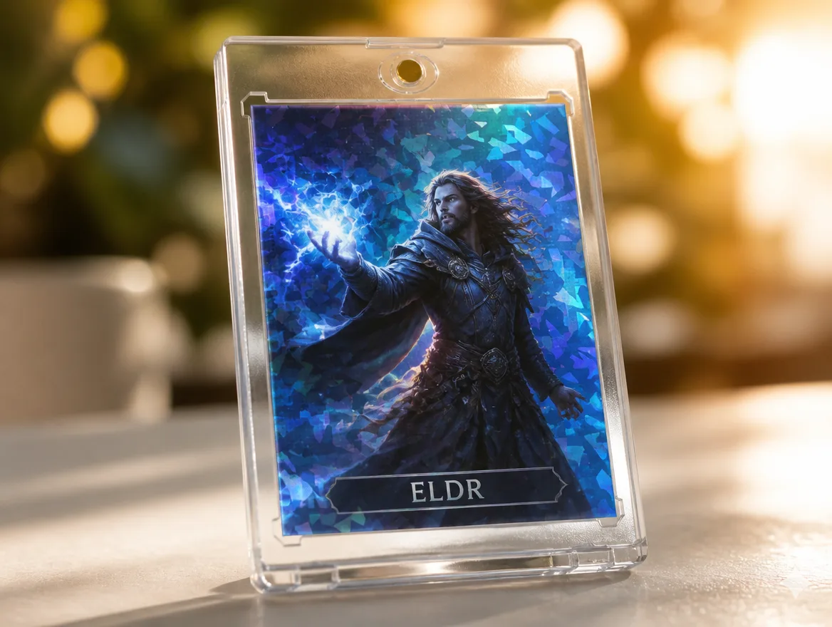 Custom fantasy trading card standing in a premium clear magnetic display case